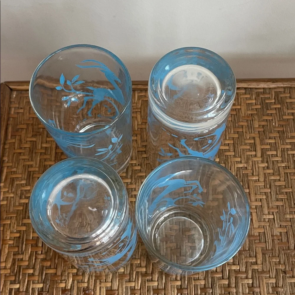 Set of Four Federal MCM Mid Century Leaping Gazelle 5” Blue Glasses-Barware